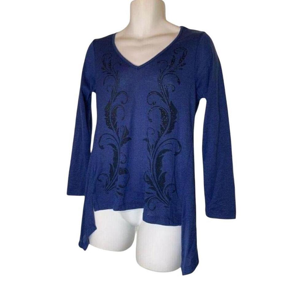 Energe Blue Floral Print V Neck Tunic Top Long Sleeve Size M medium women
